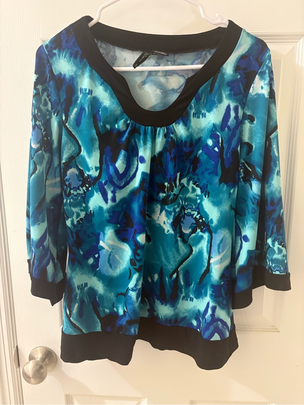 new directions Teal and Blue Abstract Scoop Neck Tunic with Black Trim